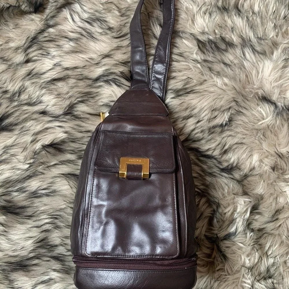 Perlina Sling Backpack Women OS Dark‎ Brown Good Leather Teardrop Gold purse
